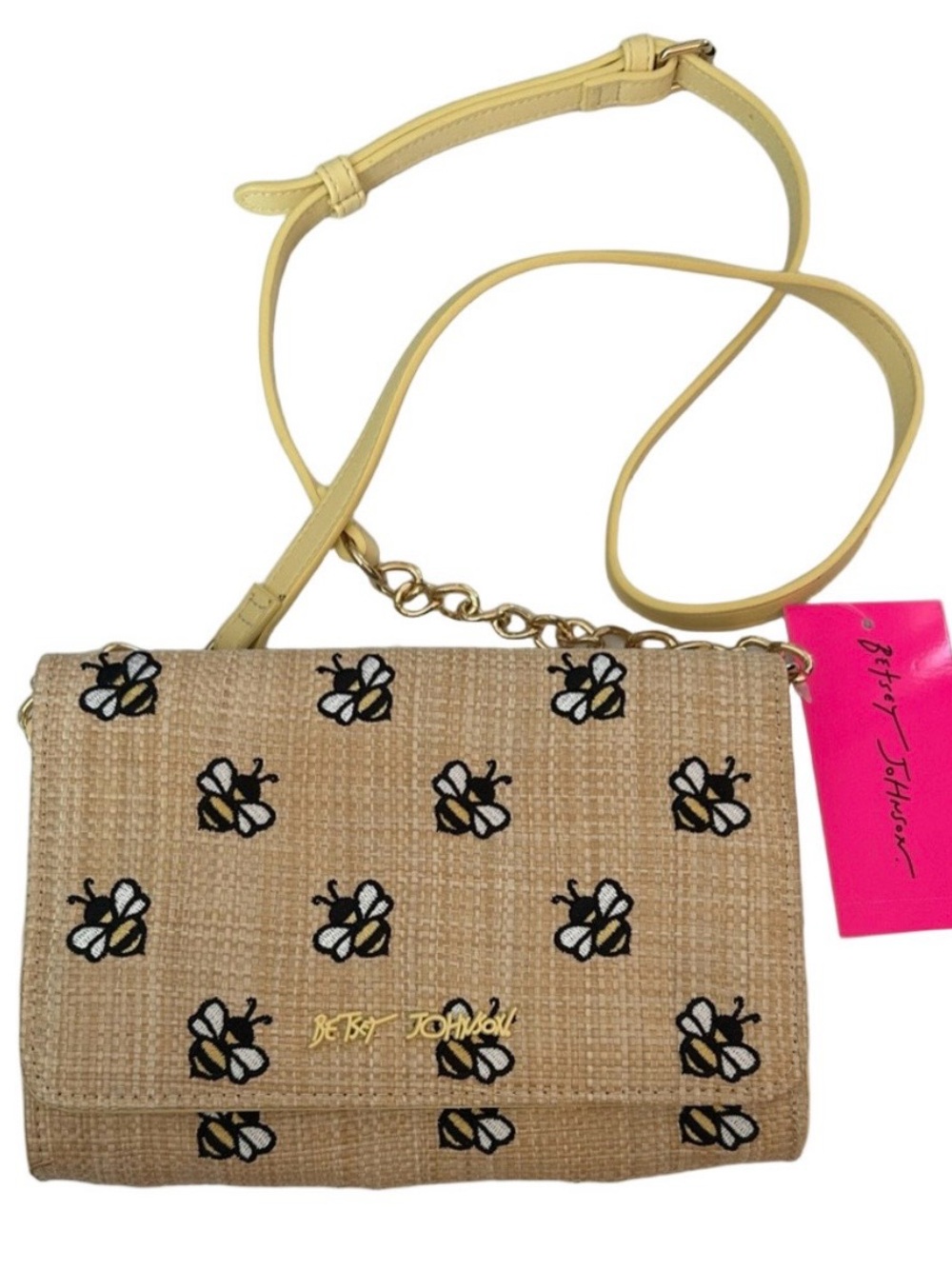 Betsey Johnson Yellow Straw Crossbody with Bee Embroidery